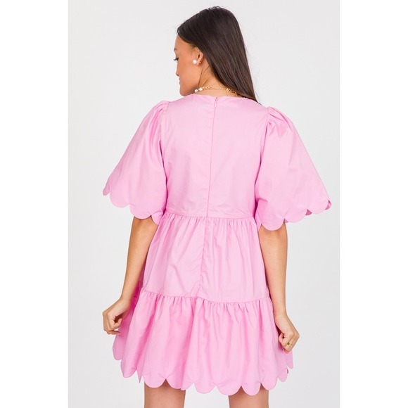 English Factory Pink Scalloped Tiered Mini Dress Small Puff Sleeve Preppy Cotton - Picture 7 of 12
